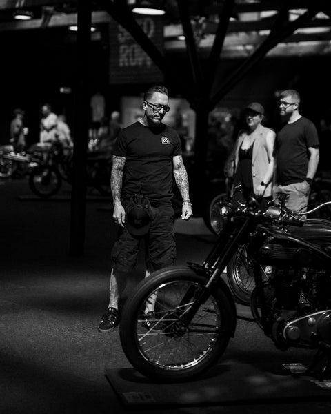 BSMC Moto Club T-Shirt - Black worn by model with motorcycle