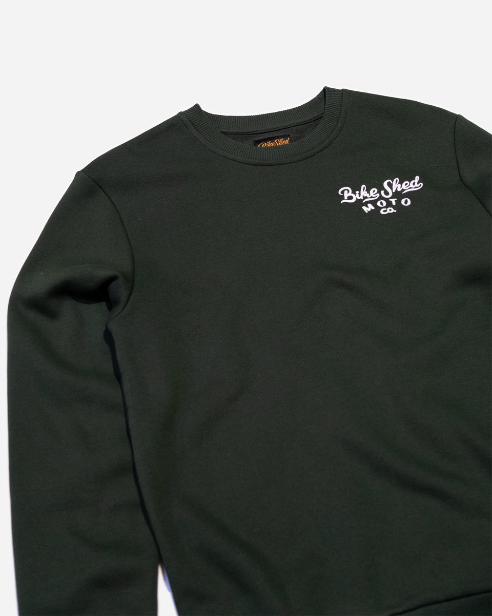 Bike Shed Desert Race Sweatshirt Green Studio Image Front Side Close Up