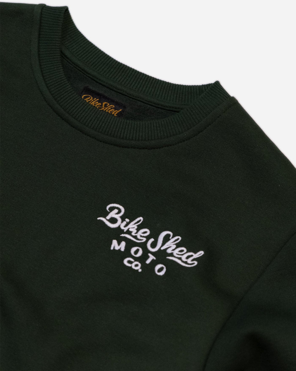 Bike Shed Desert Race Sweatshirt Green Studio Image Front Logo Close Up