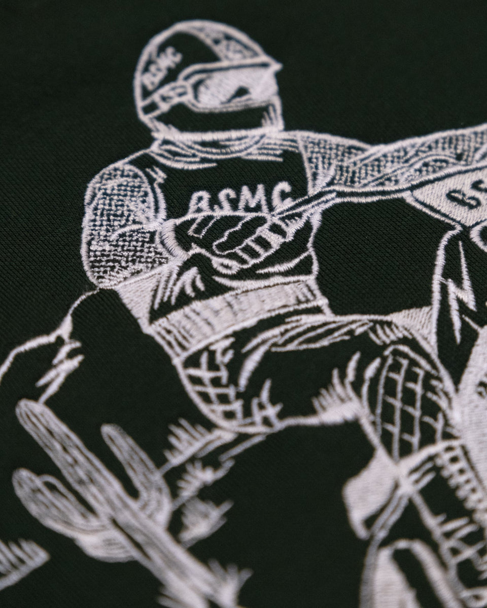 Bike Shed Desert Race Sweatshirt Green Studio Image Logo Stitching Detail