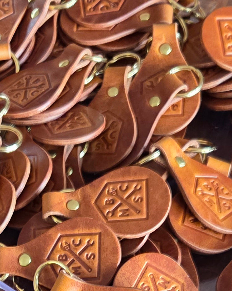BSMC Moto Club Keyfob - Brown close up